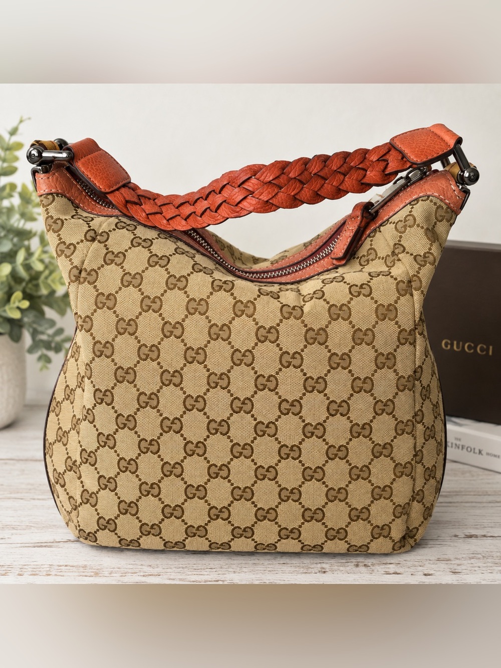 Gucci GG Canvas Bamboo Bar Hobo Bag Braided Strap Vintage